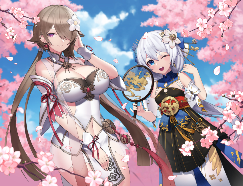 2girls, absurdres, blue_eyes, blue_sky, breasts, brown_hair, cherry_blossoms, china_dress