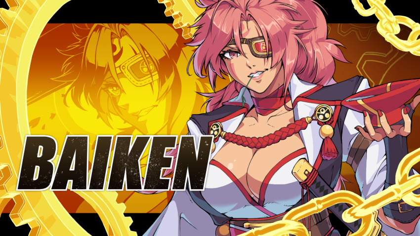 1girl, alternate_costume, arc_system_works, arm_guards, baiken, breasts, buskhusker, chain, character_name, cleavage, eyepatch, facial_mark, fake_screenshot, fighting_game, guilty_gear, guilty_gear_strive, highres, japanese_clothes, katana, kimono, large_breasts, long_hair, long_sleeves, looking_at_viewer, pink_eyes, pink_hair, sword, weapon
