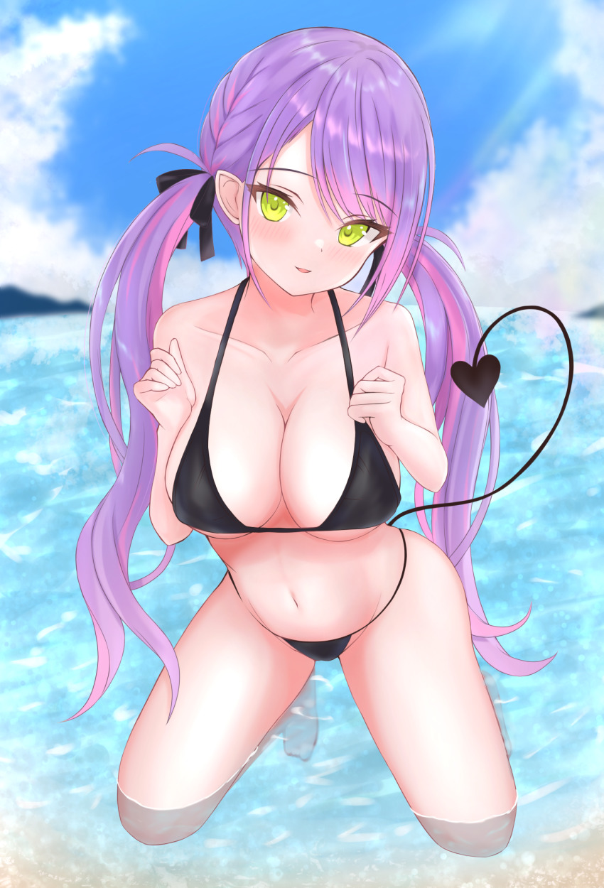 1girl, :d, bare_arms, barefoot, beach, bikini, black_bikini, black_ribbon