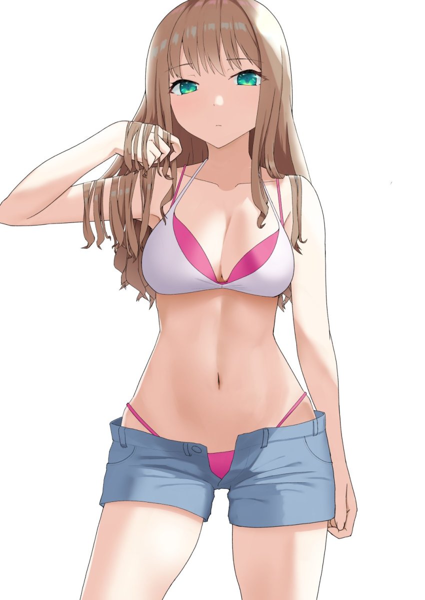 1girl, bikini, breasts, brown_hair, cleavage, denki_(biribiri), green_eyes, gridman_universe, highres, layered_bikini, long_hair, minami_yume, navel, short_shorts, shorts, solo, ssss.dynazenon, string_bikini, swimsuit, white_background