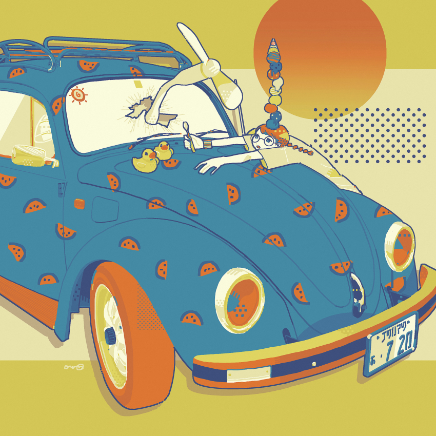 1girl, braid, broken_glass, car, food, food_on_head, glass, glasses