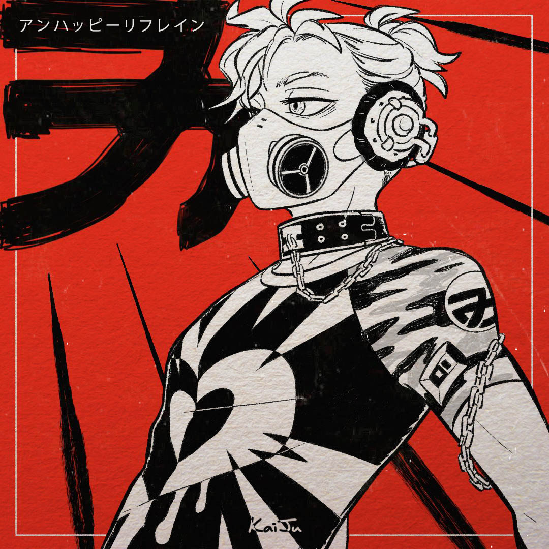 1boy, bags_under_eyes, chain, chain_around_arm, collar, expressionless, gas_mask, greyscale