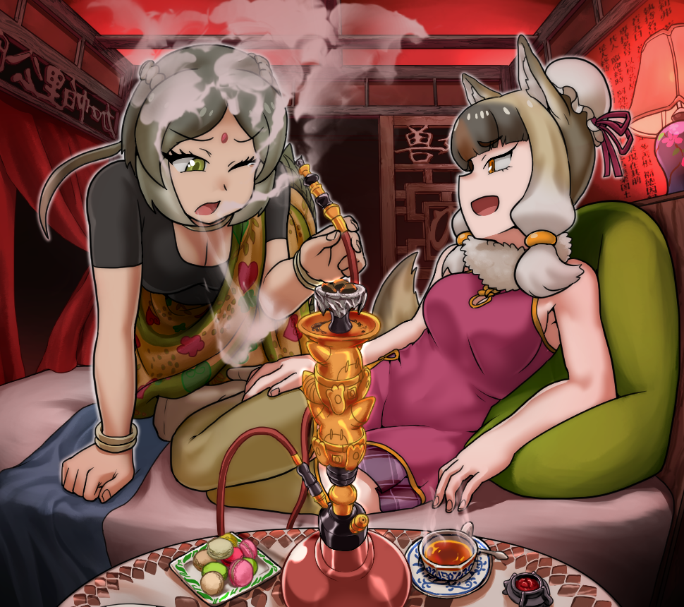 food, gharial_(kemono_friends), haegiwa_gonbee, hookah, kemono_friends, mongolian_wolf_(kemono_friends), source_request, tagme