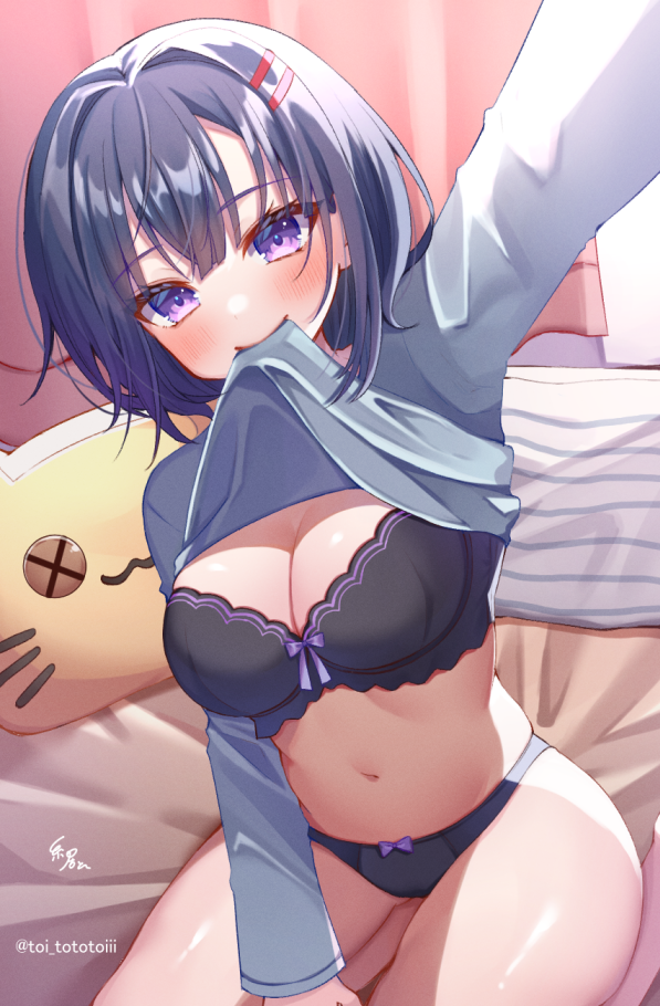 1girl, arm_up, bed_sheet, black_bra, black_panties, blush, bow, bow_bra