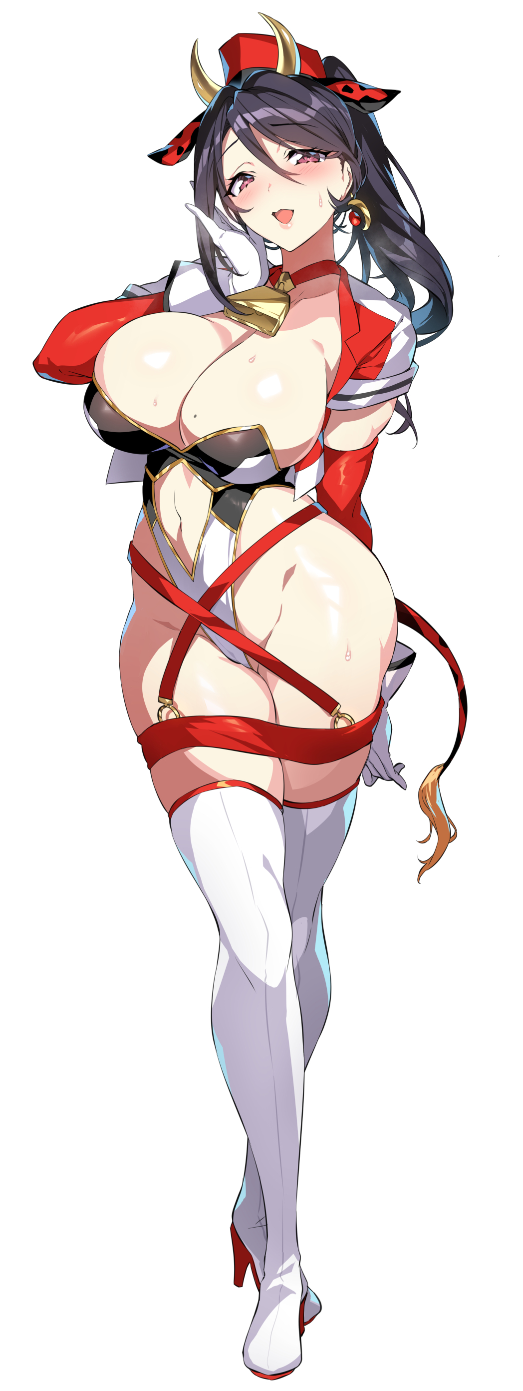 1girl, absurdres, animal_ears, bell, black_hair, boots, breasts, clothing_cutout, commentary_request, cow_ears, cow_horns, cropped_jacket, earrings, fake_animal_ears, fake_horns, full_body, gloves, hand_up, hat, high_heels, highleg, highleg_leotard, highres, horns, jacket, jewelry, large_breasts, leotard, lips, looking_at_viewer, mahou_shoujo_madoka_magica, mahou_shoujo_madoka_magica_(anime), mahou_shoujo_suzune_magica, mikoto_tsubaki, mole, mole_on_breast, navel, navel_cutout, neck_bell, open_clothes, open_jacket, open_mouth, original, ponytail, purple_eyes, senri_gan, shiny_skin, short_sleeves, simple_background, smile, solo, stomach, sweat, sweatdrop, tail, thigh_boots, thighhighs, thighs, white_gloves