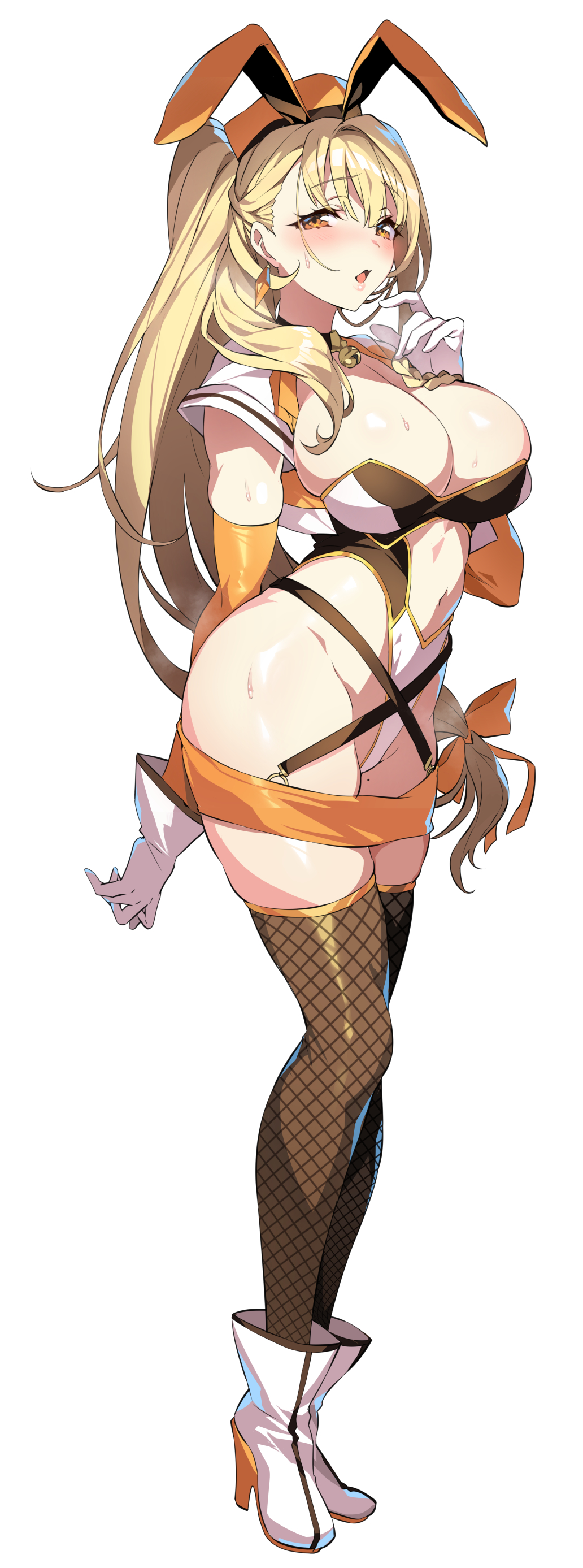 1girl, absurdres, animal_ears, ankle_boots, bell, blonde_hair, boots, bow, breasts, brown_eyes, clothing_cutout, collar, commentary_request, cropped_jacket, earrings, fake_animal_ears, fishnet_thighhighs, fishnets, full_body, gloves, hair_bow, hand_up, hat, high_heels, highleg, highleg_leotard, highres, jacket, jewelry, jingle_bell, kanade_haruka, large_breasts, leotard, lips, long_hair, looking_at_viewer, low-tied_long_hair, mahou_shoujo_madoka_magica, mahou_shoujo_madoka_magica_(anime), mahou_shoujo_suzune_magica, mole, mole_on_thigh, navel, navel_cutout, open_clothes, open_jacket, open_mouth, rabbit_ears, senri_gan, shiny_skin, short_sleeves, simple_background, solo, standing, stomach, sweat, sweatdrop, thighhighs, thighs, white_background, white_gloves