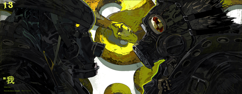 2boys, aikawa_(dorohedoro), animal, belt_buckle, black_eyes, black_jacket, buckle, caiman_(dorohedoro)