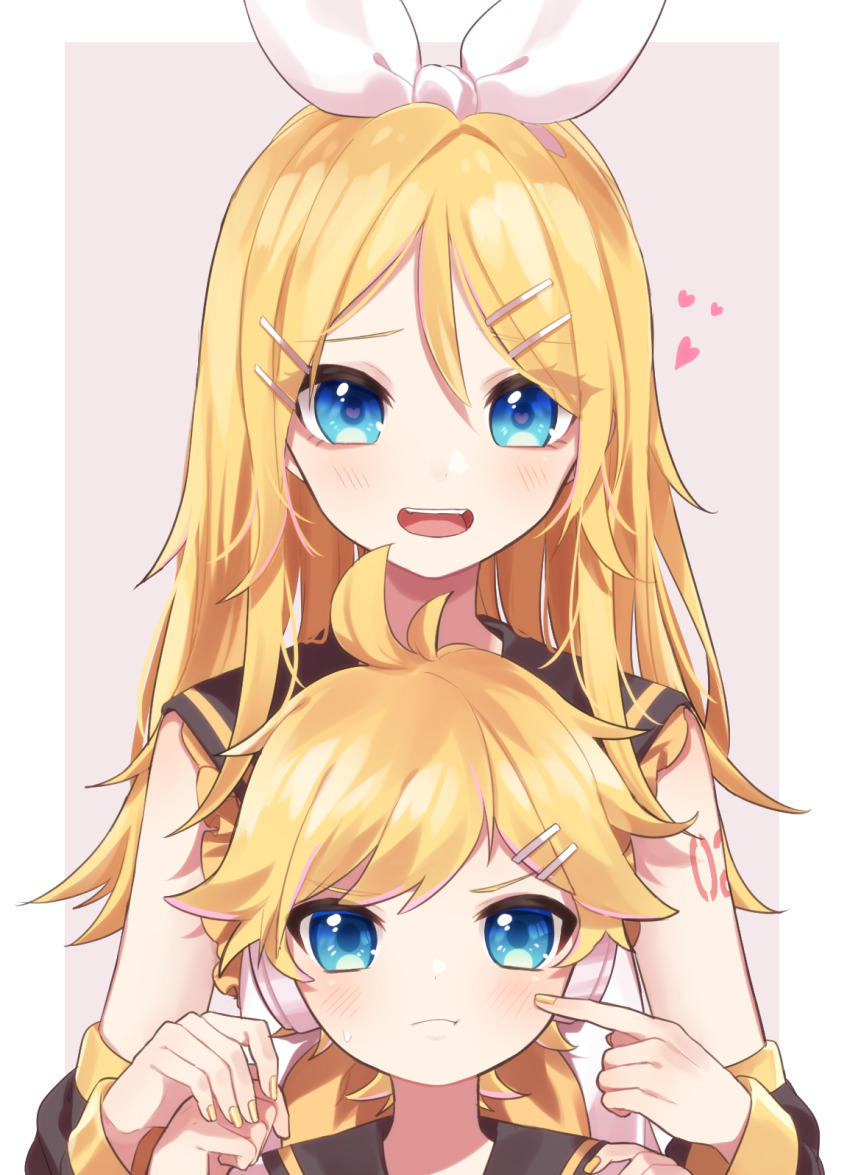 1boy, 1girl, aged_up, ahoge, blonde_hair, blue_eyes, blush, border