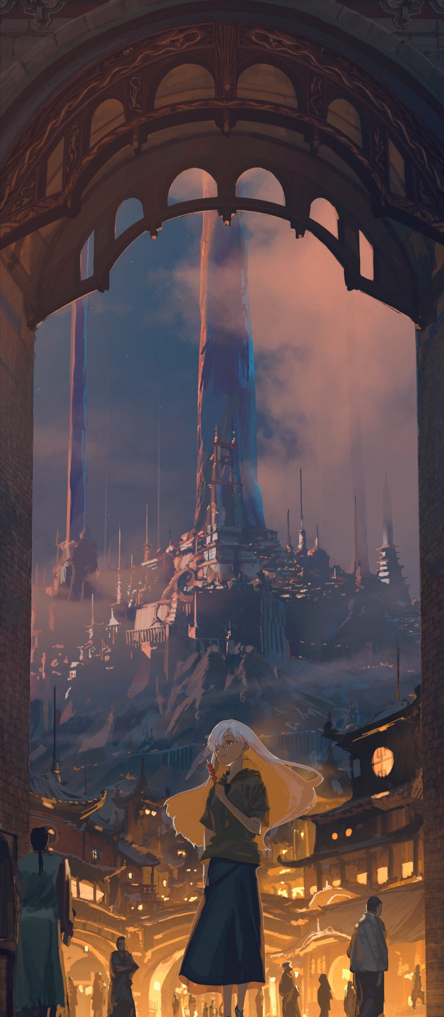 1girl, arch, black_hair, building, city, dango, eating, evening