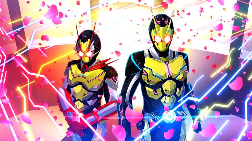 1boy, 1girl, absurdres, antennae, armor, bodysuit, commentary_request, glowing, glowing_eyes, helmet, hiden_aruto, highres, is_(kamen_rider_01), kal_(kaerutoyomu), kamen_rider, kamen_rider_01_(series), kamen_rider_zero-one, kamen_rider_zero-two, own_hands_together, petals, rider_belt, rose_petals, standing, tokusatsu, upper_body