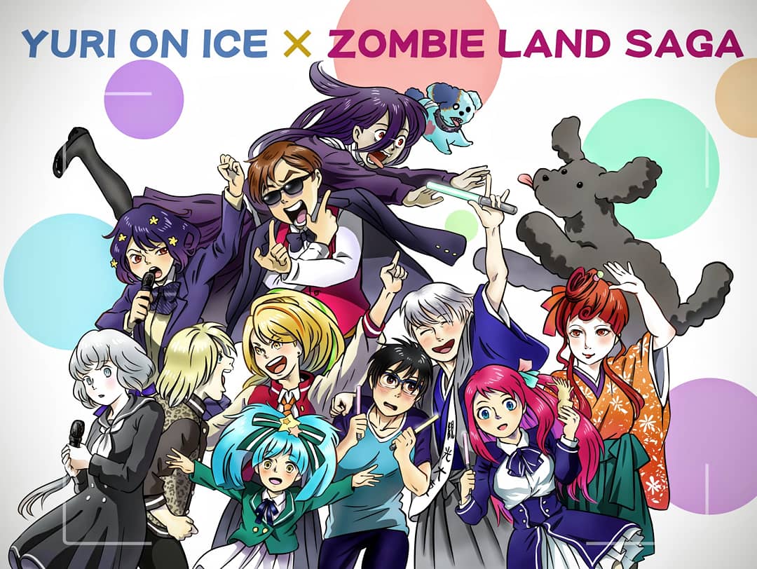 4boys, 6+girls, ^_^, animal_print, arm_up, black_hair, blazer, blonde_hair, blue-framed_eyewear, blue_eyes, blue_hair, brown_eyes, brown_hair, closed_eyes, company_connection, copyright_name, crossover, dog, dress, glasses, glowstick, hair_ribbon, hakama, hakama_skirt, hoshikawa_lily, it's_j.j._style!, jacket, jacket_on_shoulders, japanese_clothes, katsuki_yuuri, konno_junko, leopard_print, makkachin, minamoto_sakura, miyano_mamoru, mizuno_ai, multiple_boys, multiple_girls, nikaidou_saki, open_mouth, pink_hair, pleated_skirt, red_eyes, ribbon, romero_(zombie_land_saga), sailor_dress, school_uniform, silver_hair, skirt, smile, studio_mappa, sunglasses, tatsumi_koutarou, tongue, tongue_out, trait_connection, twintails, viktor_nikiforov, voice_actor_connection, yamada_tae, yellow_eyes, yuri!!!_on_ice, yuri_plisetsky, yuugiri_(zombie_land_saga), yy_zenmai, zombie_land_saga