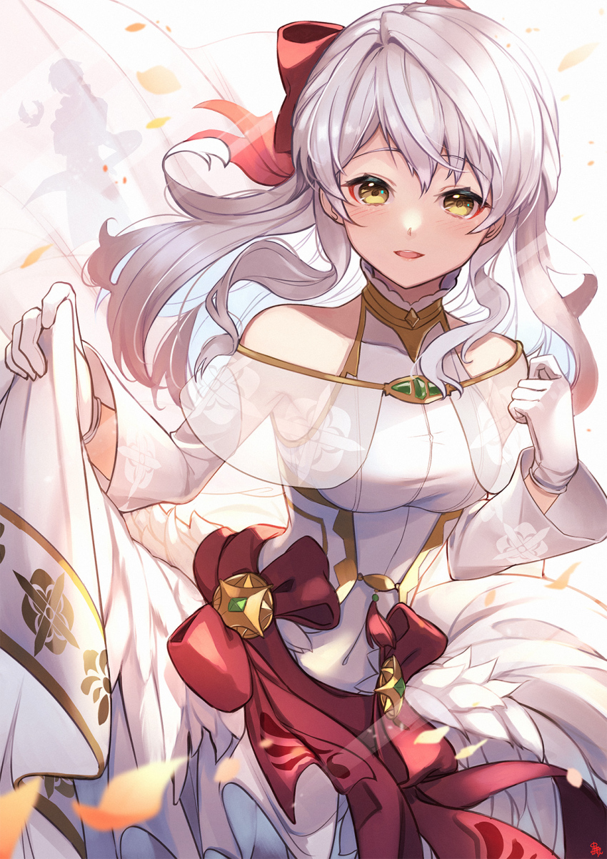 1girl, blush, bow, bride, detached_sleeves, dress, feathers, fire_emblem, fire_emblem:_radiant_dawn, fire_emblem_heroes, gloves, hair_bow, half_updo, highres, long_hair, micaiah_(bridal)_(fire_emblem), micaiah_(fire_emblem), nakabayashi_zun, nintendo, official_alternate_costume, shadow, silver_hair, sleeveless, sleeveless_dress, smile, solo, veil, wedding_dress, white_dress, white_gloves, yellow_eyes
