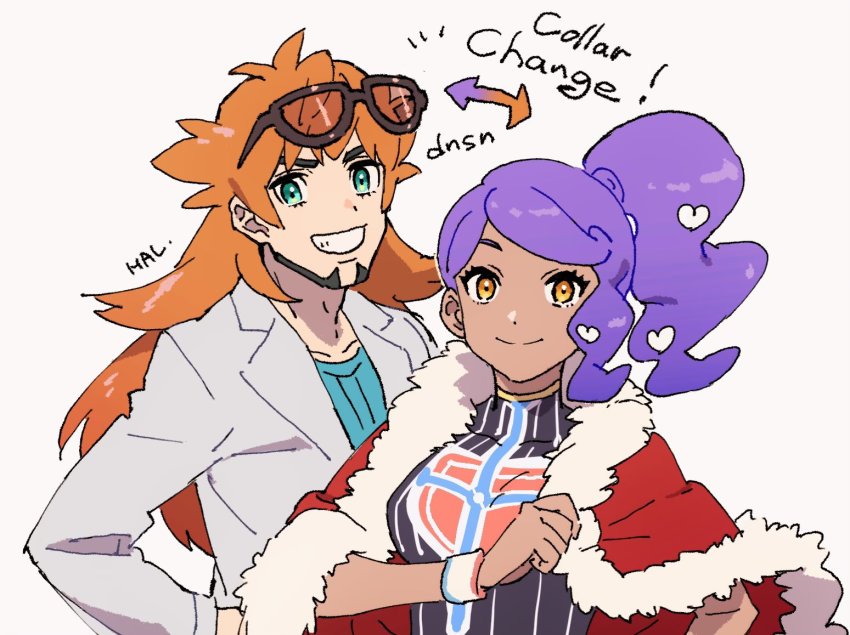 1boy, 1girl, alternate_hair_color, alternate_skin_color, arrow_(symbol), bad_id, bad_twitter_id, breasts