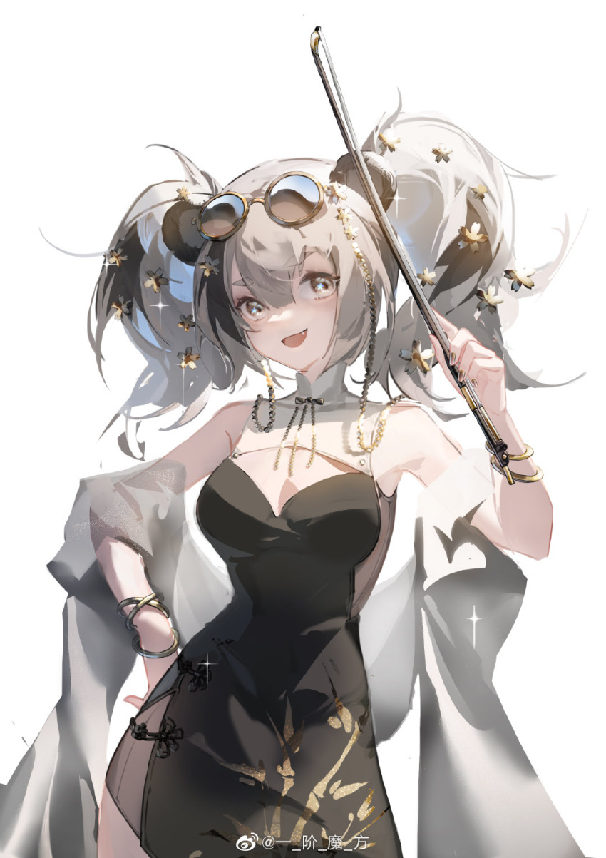 1girl, :d, ambience_synesthesia, animal_ears, arknights, bare_arms, bare_shoulders, black_dress