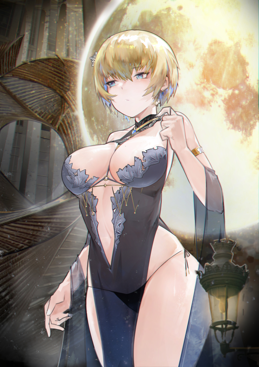 1girl, absurdres, armlet, bare_shoulders, black_dress, black_panties, blonde_hair, blue_eyes, breasts, center_opening, chinese_commentary, cleavage, closed_mouth, collarbone, commentary_request, cowboy_shot, dress, earrings, girls'_frontline, hair_between_eyes, hair_ornament, hand_up, highres, jewelry, jumbowhopper, large_breasts, looking_away, mole, mole_on_breast, mole_under_eye, navel, necklace, official_alternate_costume, panties, revealing_clothes, shawl, short_hair, side-tie_panties, sidelocks, skindentation, sleeveless, sleeveless_dress, snowflake_hair_ornament, solo, standing, strap_pull, sweat, underwear, vsk-94_(girls'_frontline), vsk-94_(night_on_the_silver_bay)_(girls'_frontline)