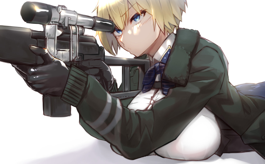 1girl, absurdres, aiming, black_gloves, black_jacket, blonde_hair, blue_eyes, blue_ribbon, blue_skirt, breasts, closed_mouth, collared_shirt, commentary_request, convenient_breasts, cowboy_shot, girls'_frontline, gloves, gun, hair_between_eyes, highres, holding, holding_gun, holding_weapon, jacket, kurozukin_(th_krz_890), large_breasts, long_sleeves, lying, mole, mole_under_eye, neck_ribbon, on_stomach, open_clothes, open_jacket, ribbon, rifle, shadow, shirt, shirt_tucked_in, short_hair, sidelocks, simple_background, skirt, sniper_rifle, solo, vsk-94, vsk-94_(girls'_frontline), weapon, white_background, white_shirt