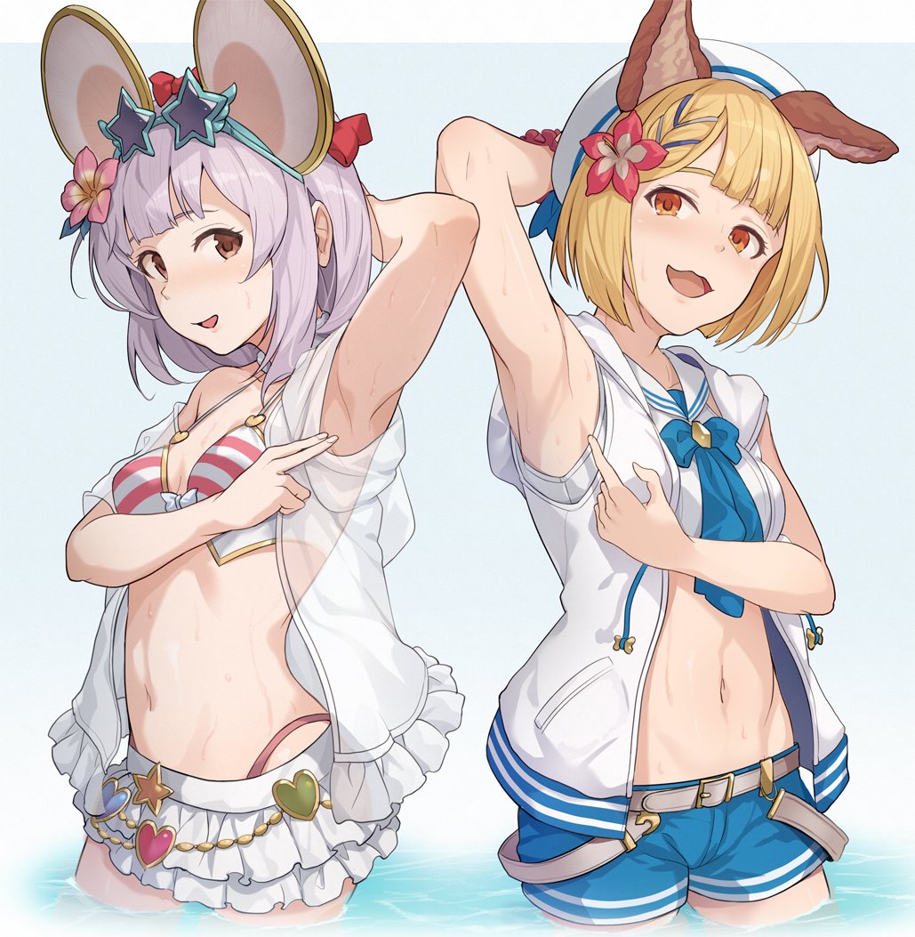 2girls, animal_ears, arm_up, armpits, arms_behind_head, arms_up, bare_shoulders, blush, dog_ears, dog_girl, dog_tail, erune, fake_animal_ears, granblue_fantasy, hinami_(hinatamizu), looking_at_viewer, mouse_ears, multiple_girls, navel, presenting_armpit, red_eyes, smile, star-shaped_eyewear, star_(symbol), stomach, swimsuit, tail, vajra_(granblue_fantasy), vajra_(summer)_(granblue_fantasy), vikala_(granblue_fantasy)