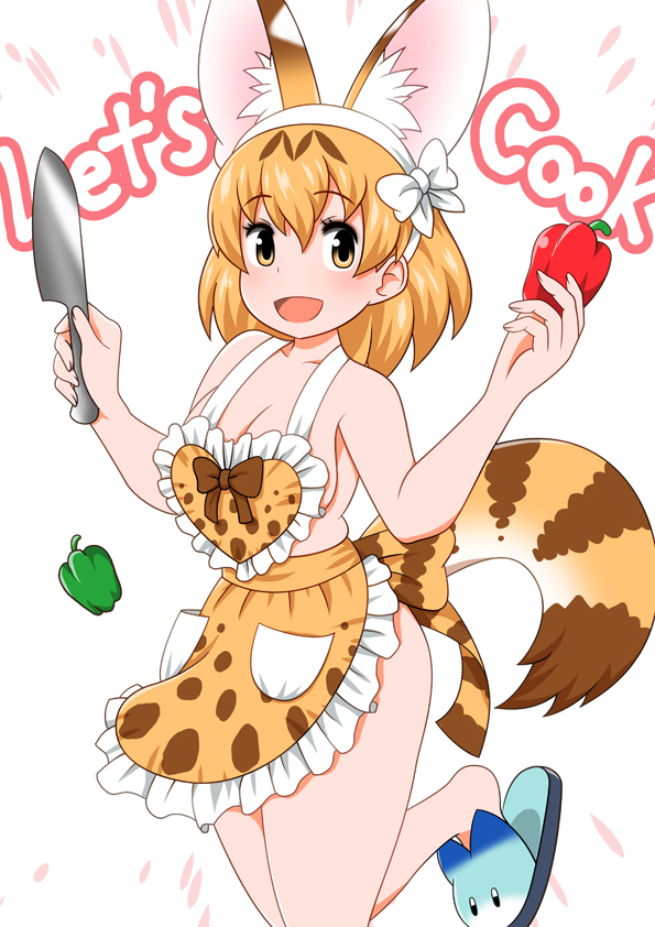 1girl, :d, animal_ear_fluff, animal_ears, animal_print, apron, bagua_zhang, bare_shoulders