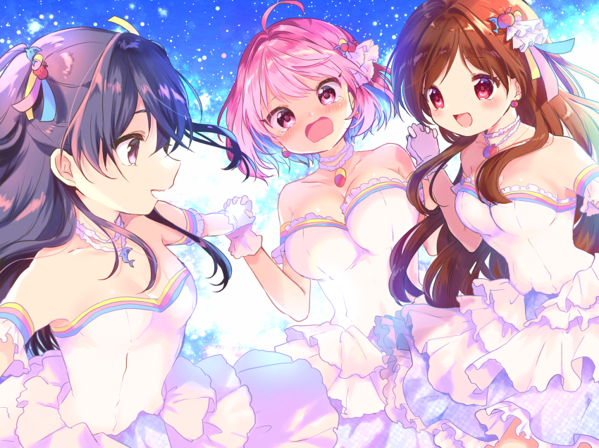unicus_(idolmaster), 3girls, aqua_hair, armband, black_eyes, black_hair, breasts, brown_hair, choker, cinderella_dream_(idolmaster), cleavage, colored_inner_hair, dress, frilled_dress, frills, gloves, highres, holding_hands, idolmaster, idolmaster_cinderella_girls, interlocked_fingers, jewelry, kosuzume, large_breasts, medium_breasts, multicolored_hair, multiple_girls, necklace, open_mouth, pink_eyes, pink_hair, red_eyes, small_breasts, smile, strapless, strapless_dress, sunazuka_akira, tsujino_akari, two-tone_hair, white_dress, white_gloves, yumemi_riamu