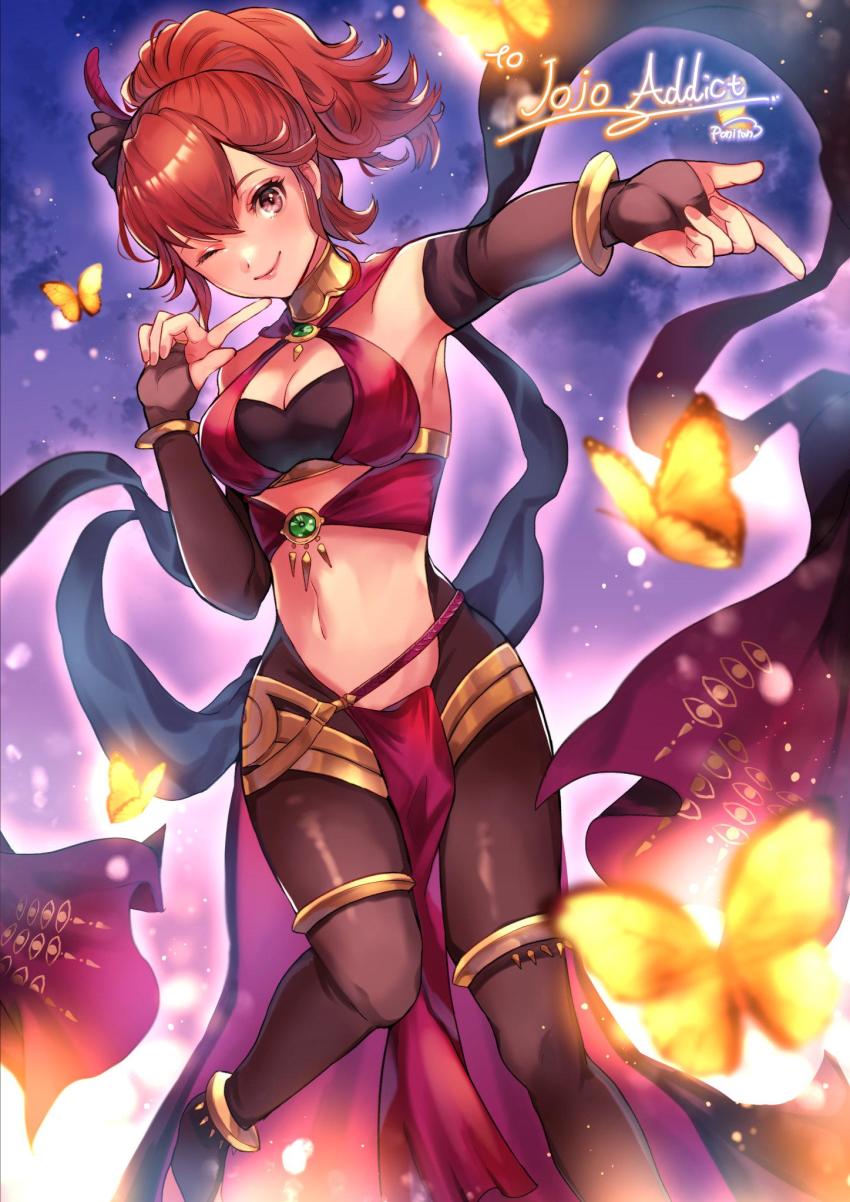 1girl, alternate_costume, anna_(fire_emblem), anna_(fire_emblem_awakening), bare_shoulders, black_gloves, breasts, bug, butterfly, choker, cleavage, commentary, commission, cosplay, dancer, dorothea_arnault, dorothea_arnault_(cosplay), dorothea_arnault_(plegian), elbow_gloves, english_commentary, feather_hair_ornament, feathers, finger_to_face, fingerless_gloves, fire_emblem, fire_emblem:_three_houses, fire_emblem_awakening, fire_emblem_heroes, gloves, hair_between_eyes, hair_ornament, highres, insect, medium_breasts, midriff, navel, nintendo, no_shoes, one_eye_closed, outstretched_arm, pantyhose, pelvic_curtain, ponytail, red_eyes, red_hair, second-party_source, smile, solo, wawatiku