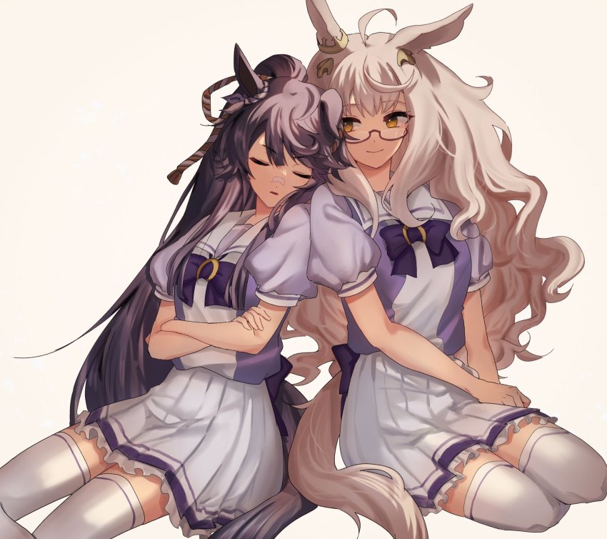 2girls, ahoge, animal_ears, bandaid, bandaid_on_face, bandaid_on_nose, biwa_hayahide_(umamusume), black_hair