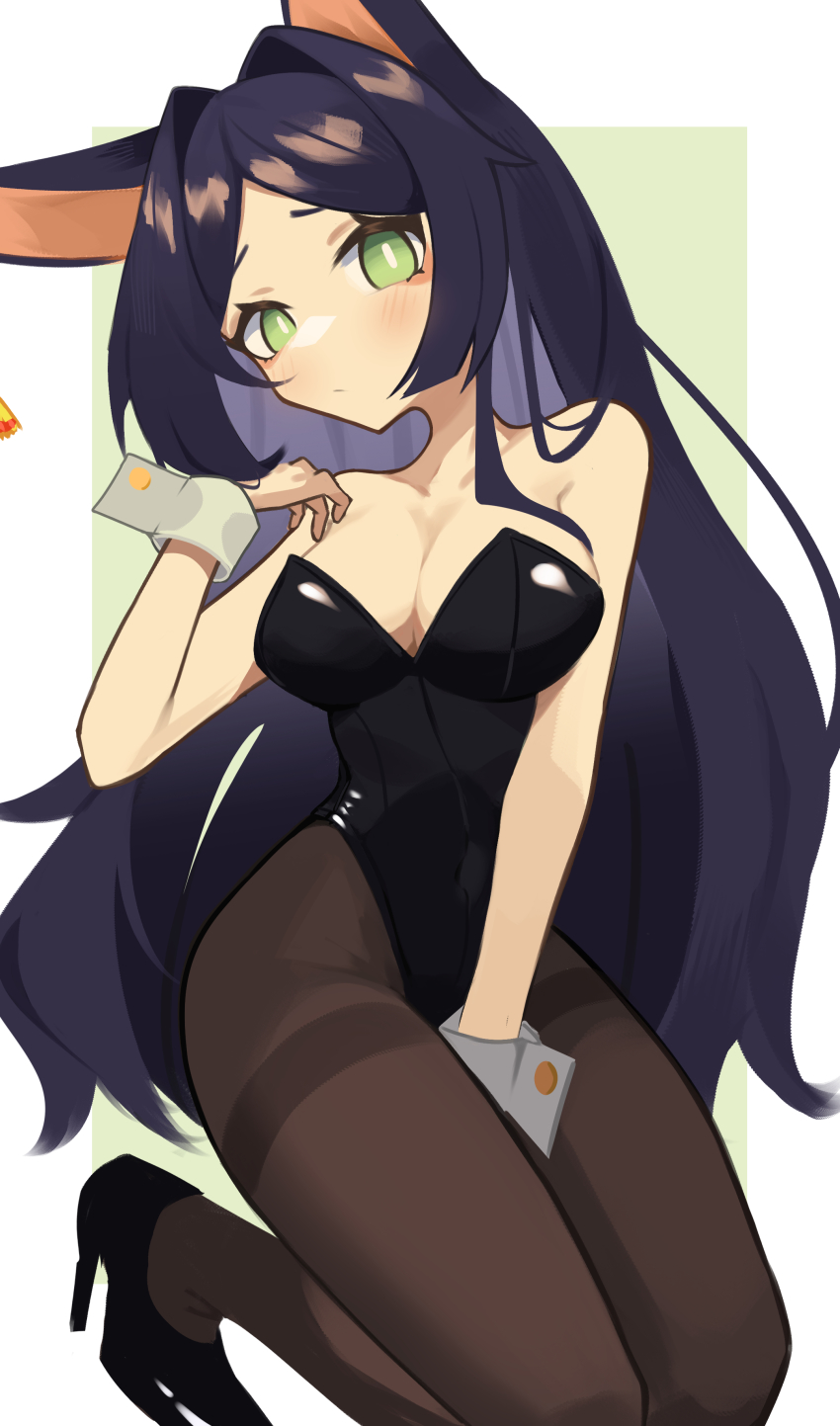 absurdres, animal_ears, asahina_chie, bare_shoulders, between_legs, blue_hair, blush, breasts, bright_pupils, cleavage, collarbone, eyebrows_hidden_by_hair, ghost_(tama), green_eyes, hand_between_legs, head_tilt, high_heels, highres, indie_virtual_youtuber, kemonomimi_mode, kneeling, long_hair, looking_at_viewer, medium_breasts, pantyhose, parted_bangs, playboy_bunny, solo, very_long_hair, virtual_youtuber, white_pupils, wrist_cuffs