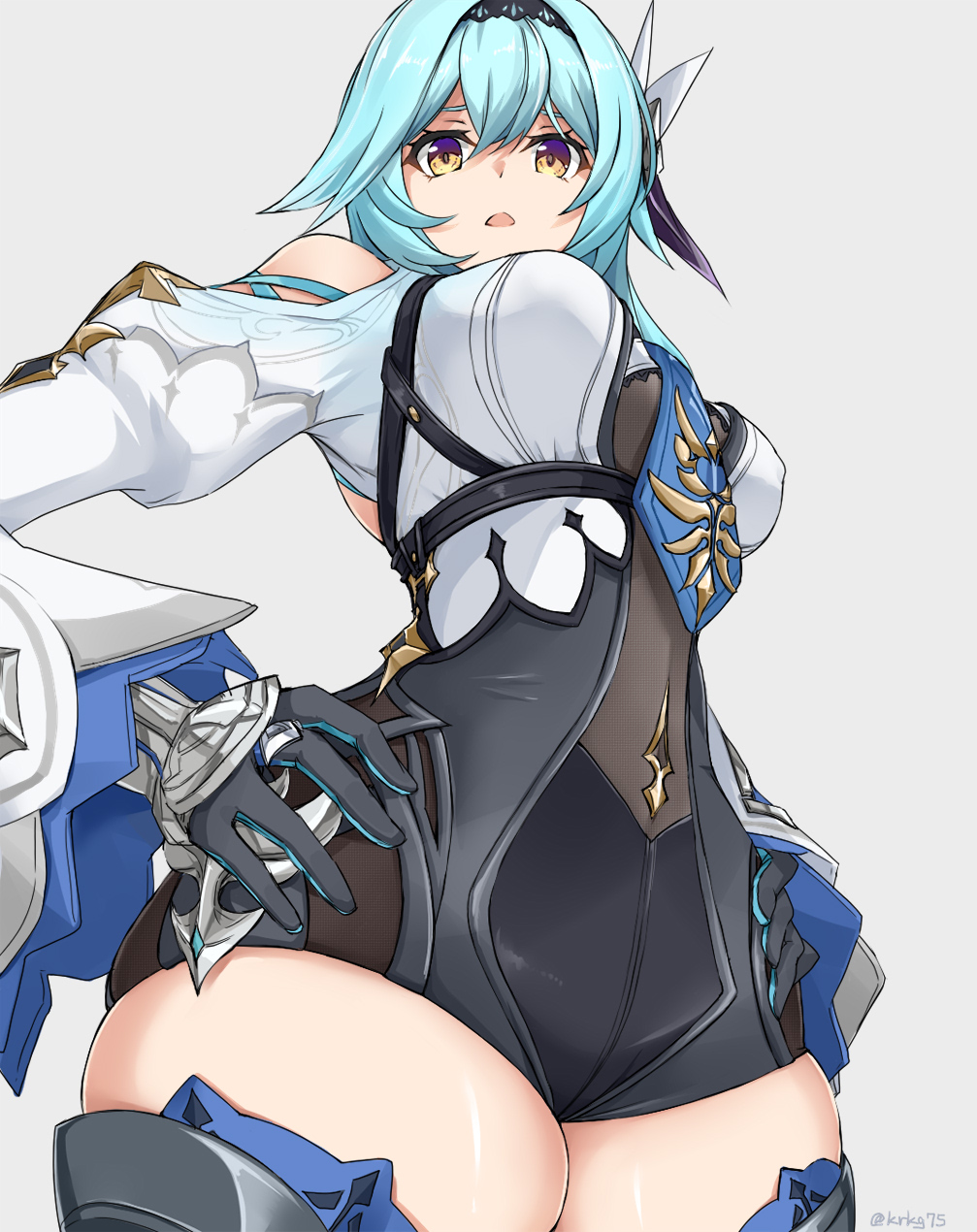 1girl, blue_hair, blue_necktie, breasts, cowboy_shot, eula_(genshin_impact), genshin_impact, gloves