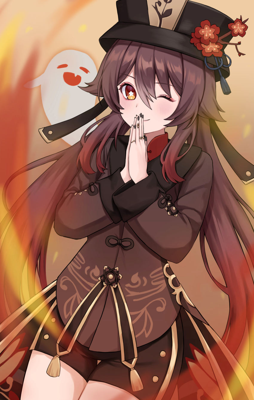 1girl, ;), black_headwear, black_nails, black_shirt, black_shorts, blush, brown_hair