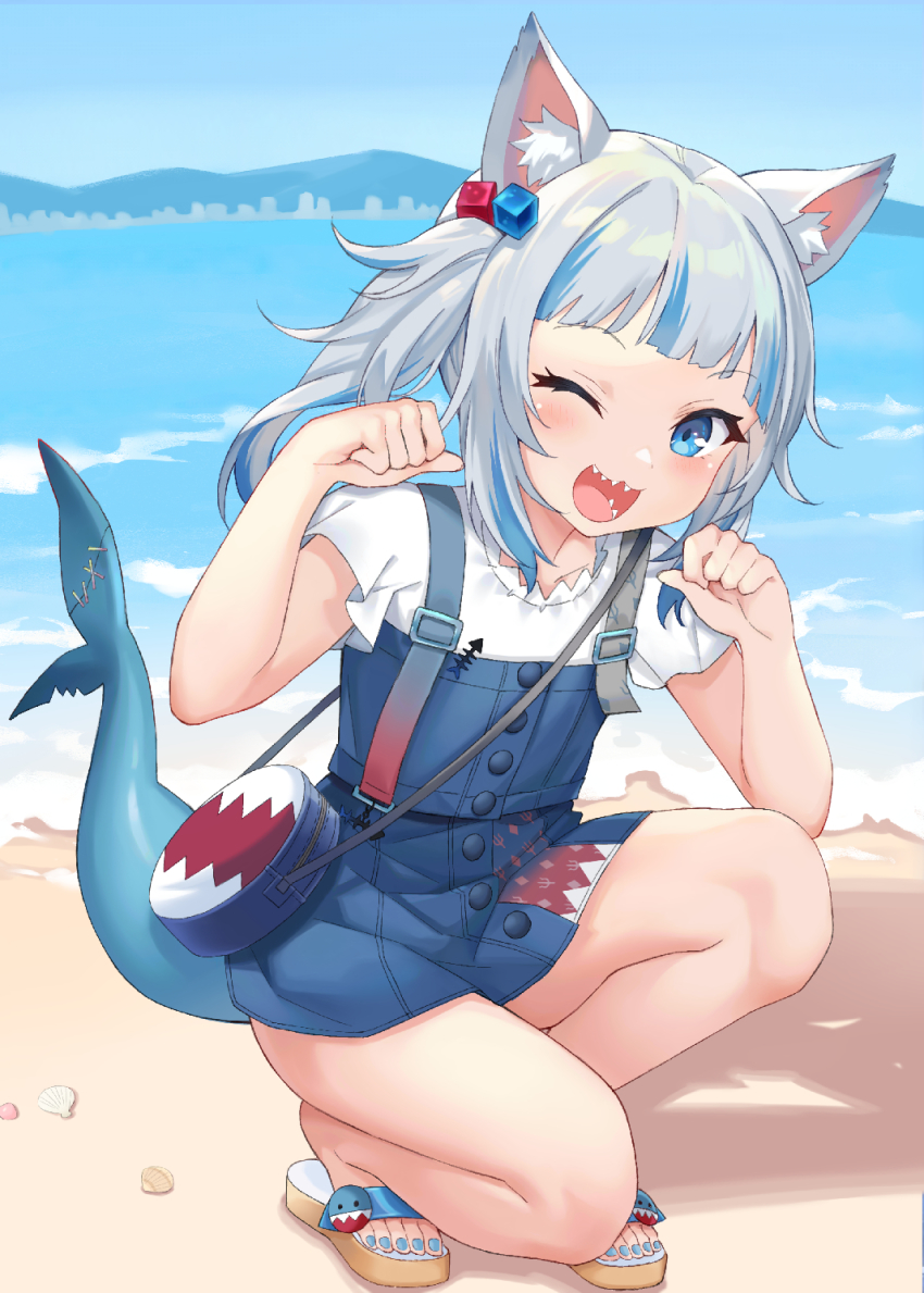 1girl, beach, blue_eyes, blue_hair, blue_sky, blunt_bangs, blush, clothing_request