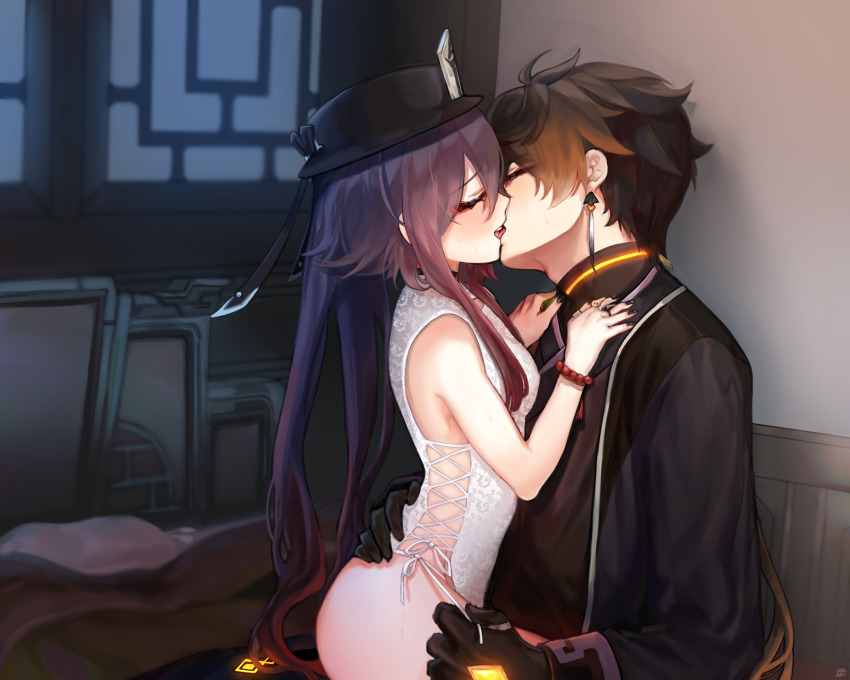 1boy, 1girl, against_wall, alternate_costume, bad_id, bad_pixiv_id, bare_shoulders, bead_bracelet, beads, black_headwear, black_nails, blush, bottomless, bracelet, brown_hair, closed_eyes, corset, earrings, french_kiss, from_side, genshin_impact, gloves, hand_on_another's_back, hand_on_another's_chest, hat, hetero, highres, hu_tao_(genshin_impact), indoors, jewelry, kiss, long_hair, nail_polish, night, open_clothes, open_mouth, ponytail, ribbon, sitting, sitting_on_lap, sitting_on_person, sleeveless, sp0i0ppp, tongue, tongue_out, twintails, untying, window, zhongli_(genshin_impact)