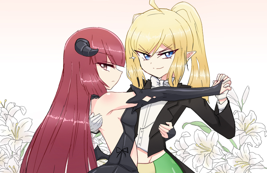 2girls, ahoge, alternate_hairstyle, back, blonde_hair, blue_eyes, bow, bowtie