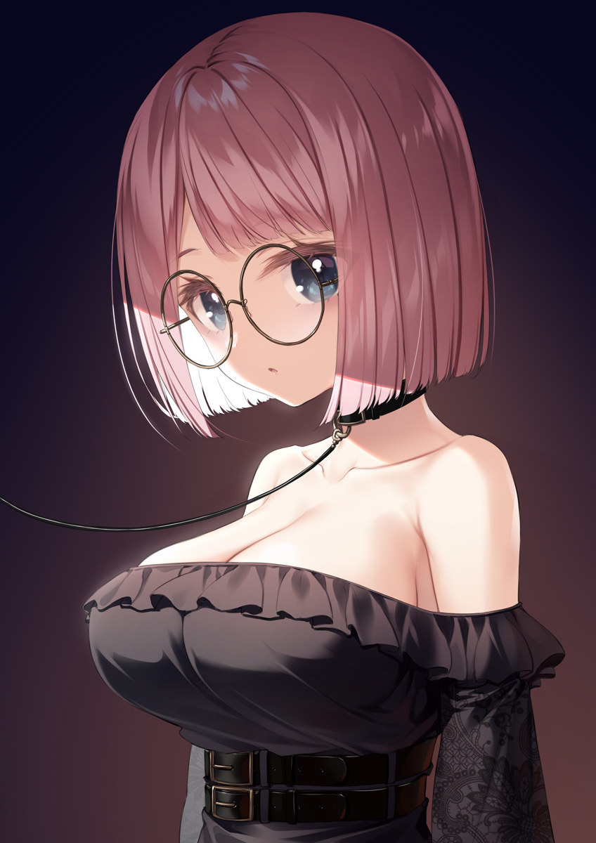 1girl, bare_shoulders, black_collar, black_dress, blue_eyes, bob_cut, breasts, brown-framed_eyewear