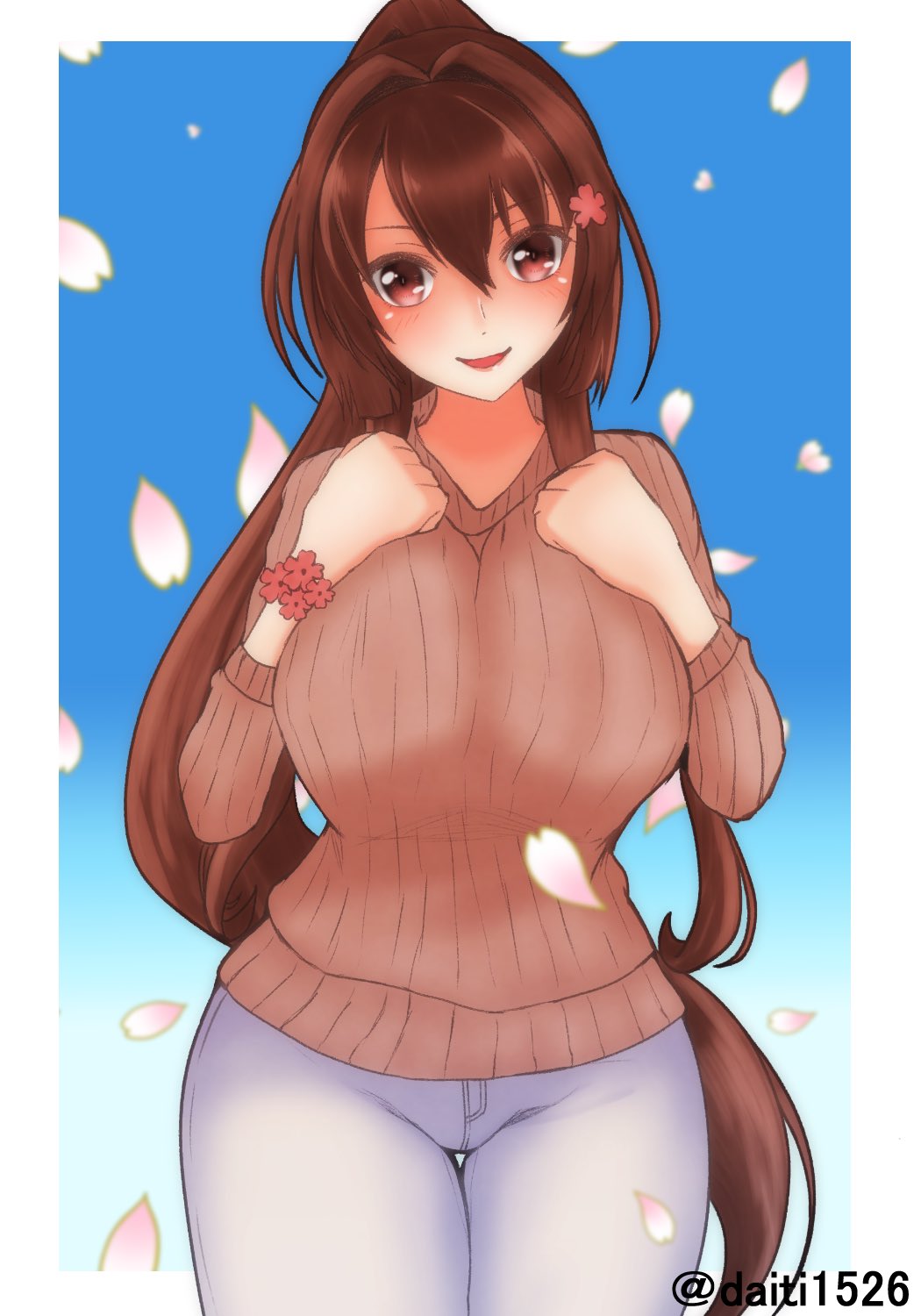 1girl, blue_background, border, breasts, brown_hair, brown_sweater, cherry_blossoms, commentary_request