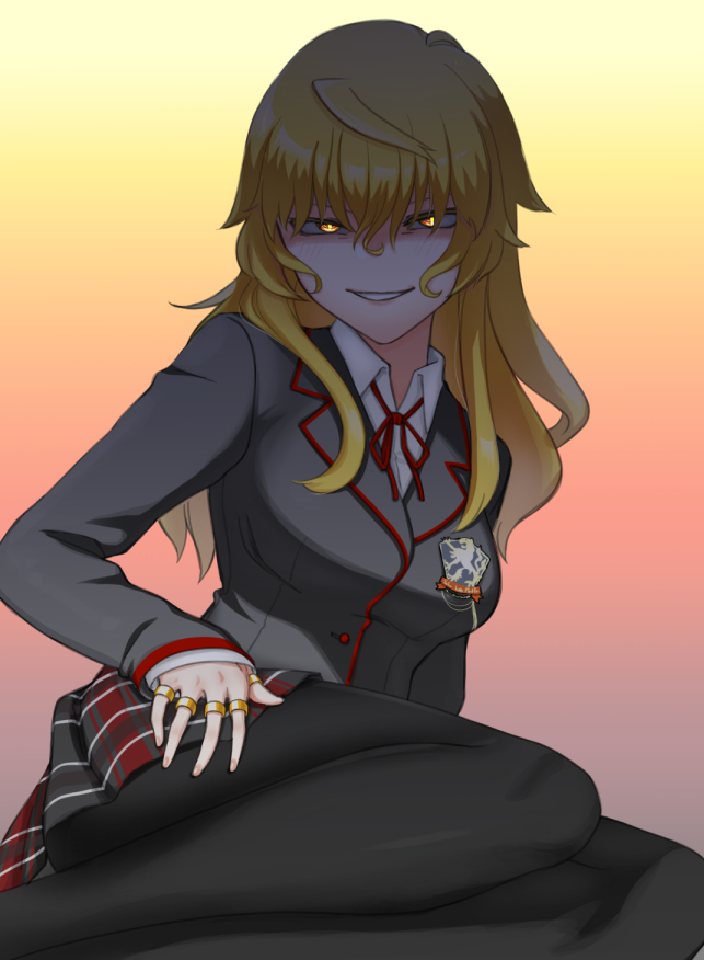 1girl, ahoge, ass, bad_id, bad_twitter_id, black_pantyhose, black_thighhighs, blonde_hair, blush, breasts, collared_shirt, colored_eyelashes, evil_smile, formal_clothes, gharne5, glowing, glowing_eyes, gradient_background, hair_between_eyes, isabeau_de_baviere_(madoka_magica), jewelry, jitome, large_breasts, lips, long_hair, long_sleeves, magia_record:_mahou_shoujo_madoka_magica_gaiden, mahou_shoujo_madoka_magica, mahou_shoujo_tart_magica, mature_female, naughty_face, necktie, office_lady, official_alternate_costume, pantyhose, plaid_clothes, plaid_skirt, pleated_skirt, red_ribbon, ribbon, ring, shaded_face, shirt, sidelocks, skirt, smile, solo, suit, thick_thighs, thighhighs, thighs, yellow_eyes