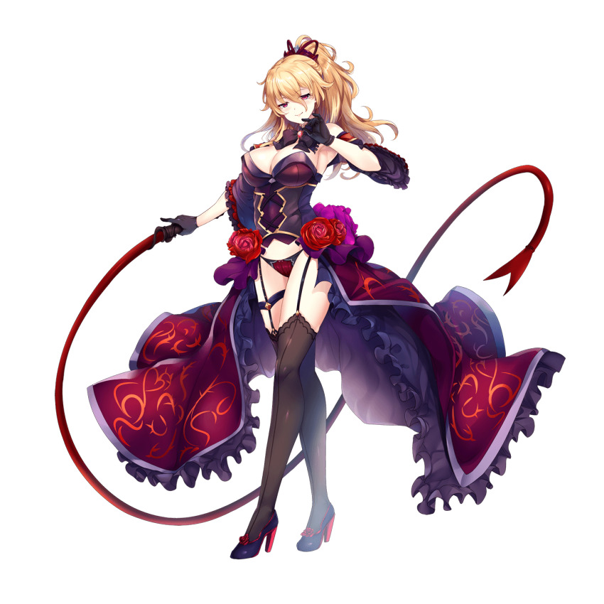 1girl, armpits, black_gloves, black_neckwear, black_thighhighs, blonde_hair, breasts, cleavage