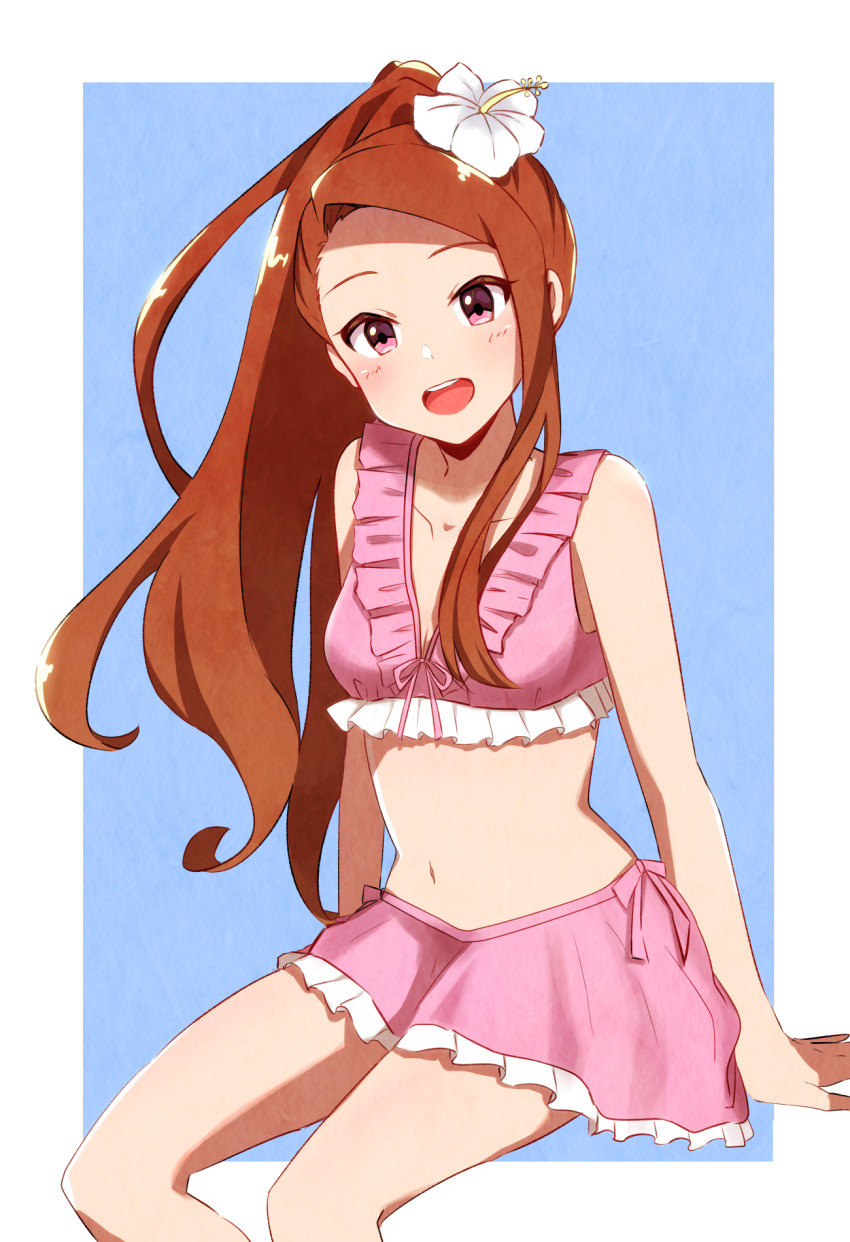 1girl, :d, bikini, bikini_skirt, blue_background, blush, border, brown_hair, collarbone, floating_hair, flower, hair_flower, hair_ornament, highres, idolmaster, idolmaster_(classic), long_hair, looking_at_viewer, maa_(io_215), midriff, minase_iori, navel, open_mouth, pink_bikini, pink_ribbon, red_eyes, ribbon, sitting, smile, solo, stomach, swimsuit, very_long_hair, white_border, white_flower