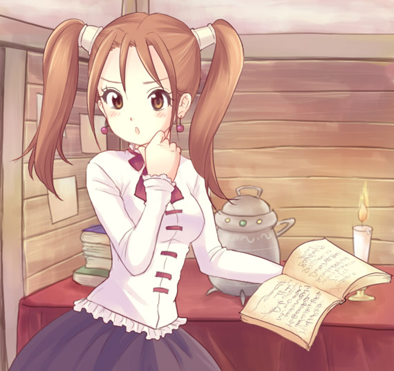 1girl, alternate_costume, bad_id, bad_pixiv_id, book, brown_eyes, brown_hair, candle, dragon_quest, dragon_quest_viii, earrings, female_focus, indoors, jessica_albert, jessica_albert_(jessica's_outfit), jewelry, ninica, solo, square_enix, twintails