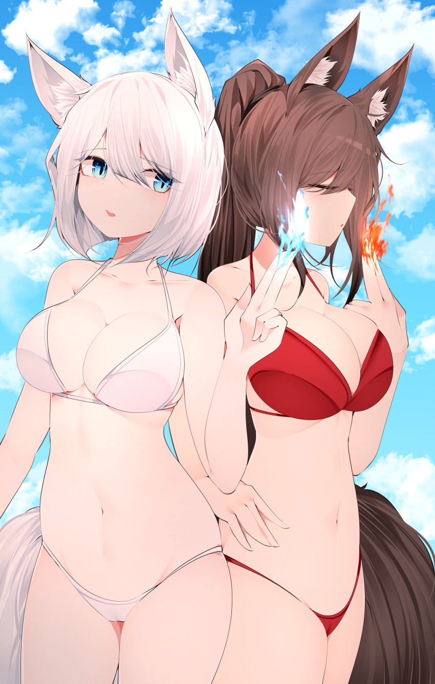 2girls, absurdres, akagi_(azur_lane), animal_ear_fluff, animal_ears, azur_lane, bikini, blue_eyes, blue_fire, breasts, brown_hair, brown_tail, cleavage, closed_eyes, fire, fox_ears, hair_between_eyes, halterneck, high_ponytail, highres, huge_filesize, kaga_(azur_lane), kitsune, large_breasts, long_hair, magic, multiple_girls, ponytail, red_bikini, red_fire, samip, short_hair, string_bikini, swimsuit, white_bikini, white_hair, white_tail