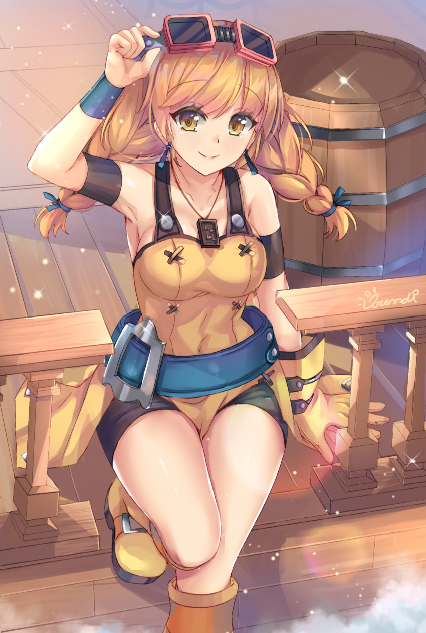 1girl, aika_(eternal_arcadia), armband, barrel, belt, boots, braid, breasts