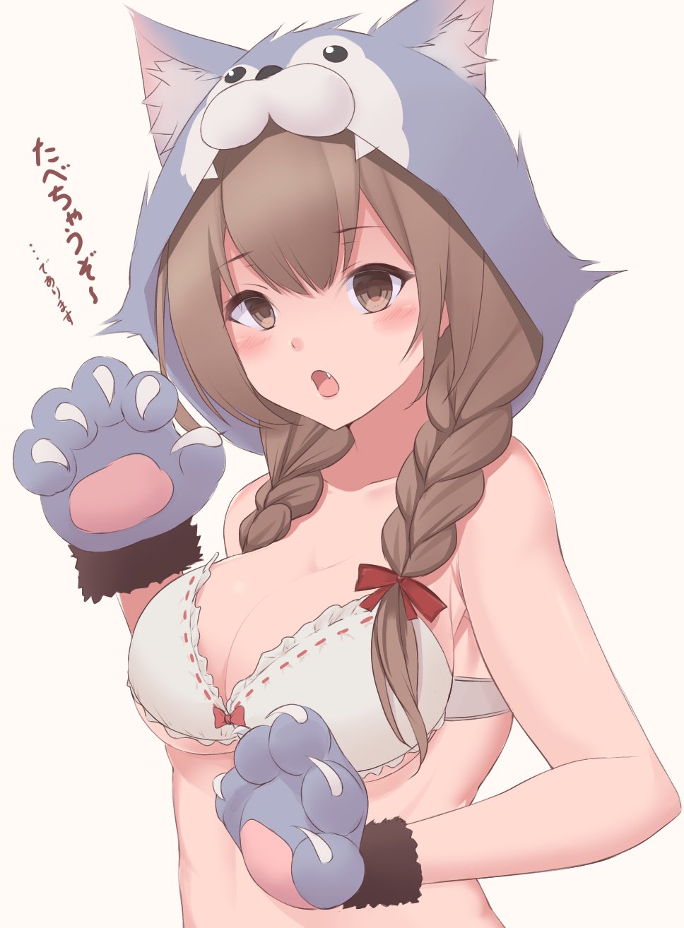 1girl, 88942731ne, animal_hands, bra, braid, breasts, brown_eyes, brown_hair