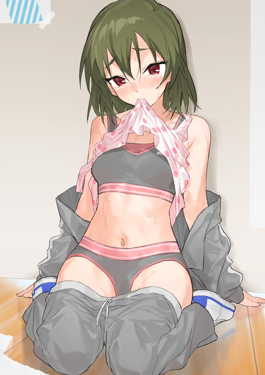 1girl, absurdres, biting, biting_clothes, boyshort_panties, breasts, clothes_lift, commission, dress, green_hair, grey_panties, highres, idolmaster, idolmaster_million_live!, indoors, midriff, nagayoshi_subaru, navel, panties, pants, perorin, pixiv_commission, polka_dot, polka_dot_dress, red_eyes, shirt_lift, short_hair, sitting, solo, sports_bra, sweat, tearing_up, towel, track_pants, underwear, wariza