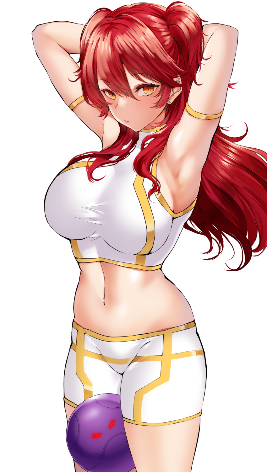 1girl, absurdres, agetama, armband, armpits, arms_behind_head, arms_up, bad_haro