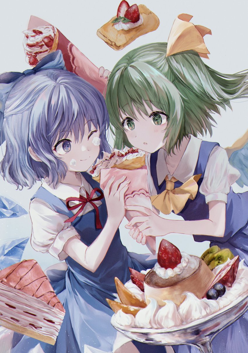 2girls, absurdres, blouse, blue_dress, blue_eyes, blue_hair, blueberry, bow