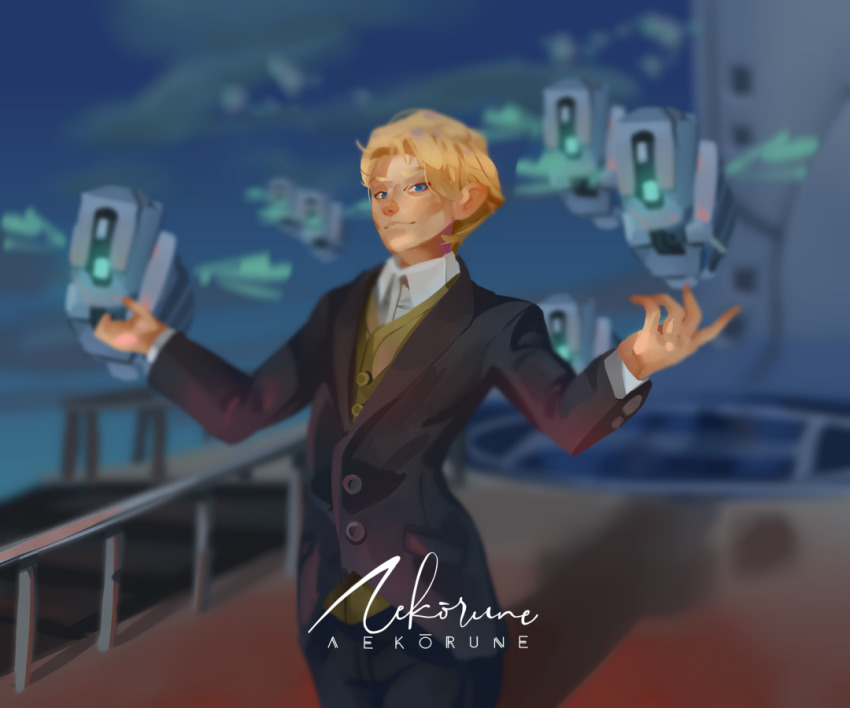 1boy, aekorune, alan_sylvasta, blonde_hair, blue_eyes, brand_new_animal, business_suit, drone