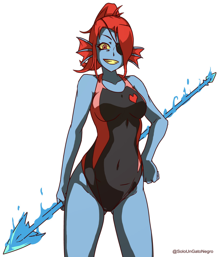 1girl, eyepatch, highres, monster_girl, one-piece_swimsuit, smile, solo, soloungatonegro, swimsuit, tagme, undertale, undyne, utdr_(toby_fox)