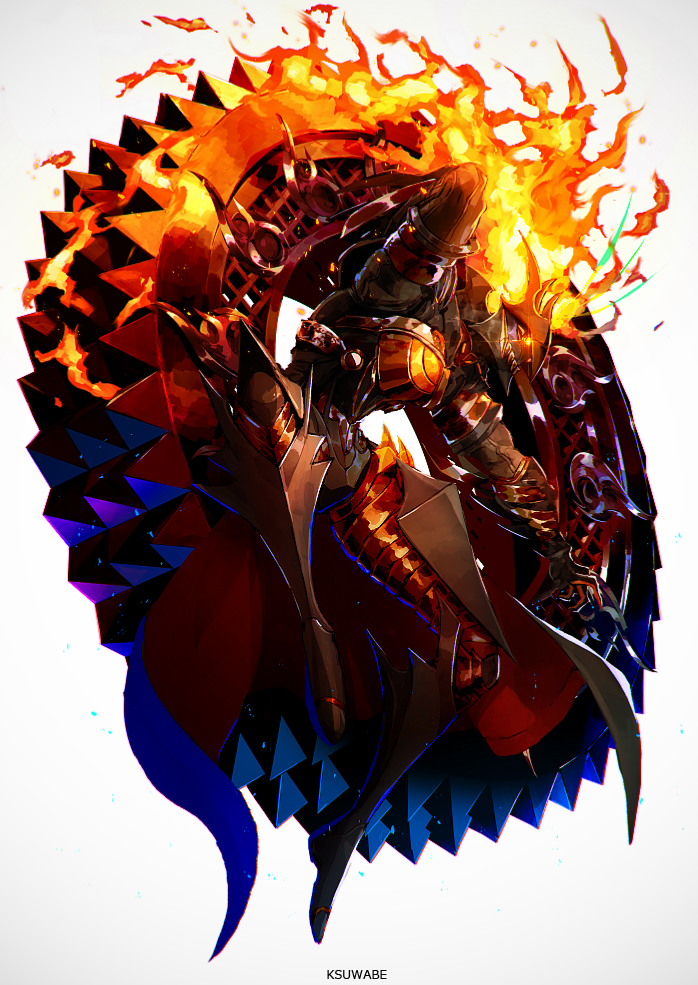 1boy, armor, artist_name, ashwatthama_(fate), ashwatthama_(second_ascension)_(fate), boots, chakram, fate/grand_order, fate_(series), fiery_hair, fire, glowing, glowing_eyes, k-suwabe, male_focus, solo, weapon, wheel, white_background