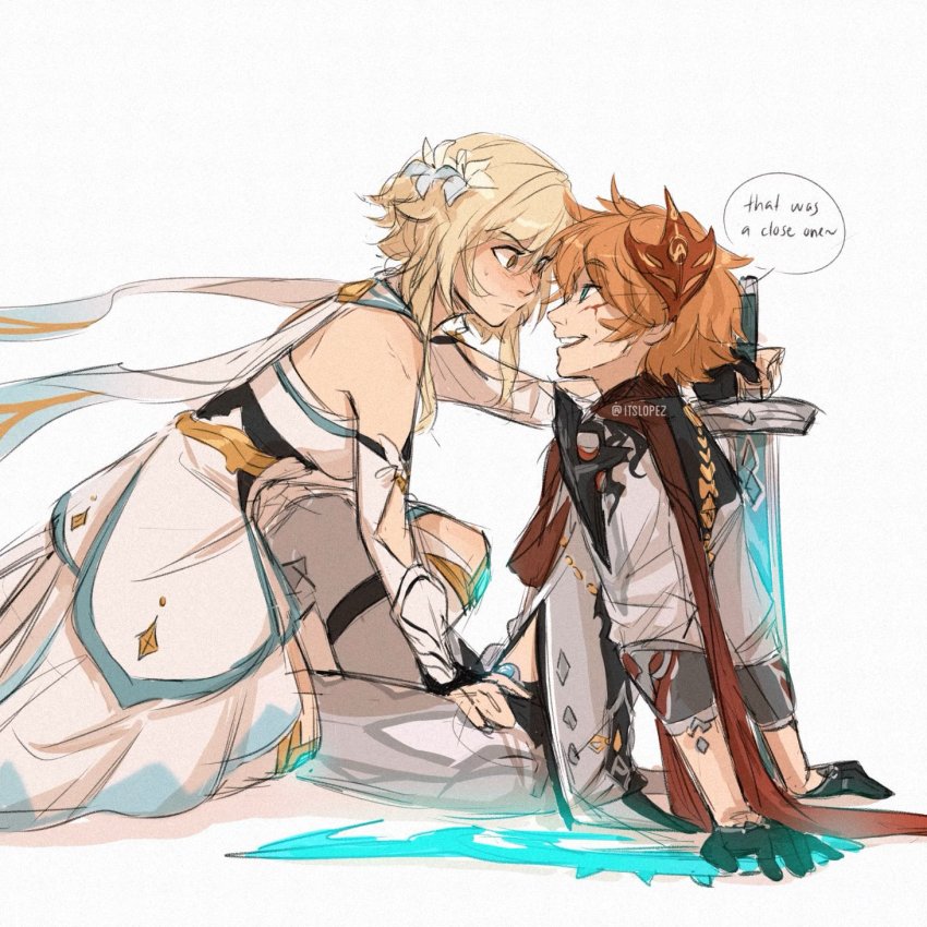 1boy, 1girl, bare_shoulders, black_gloves, blonde_hair, blood, blue_eyes, blush