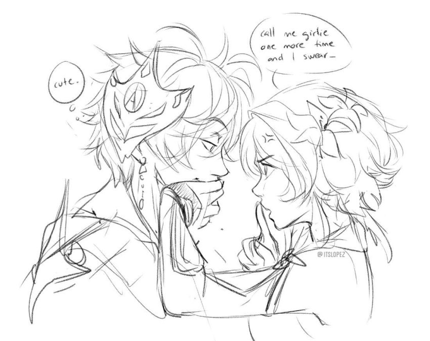 1boy, 1girl, anger_vein, annoyed, covering_own_mouth, detached_sleeves, ear_piercing, earrings