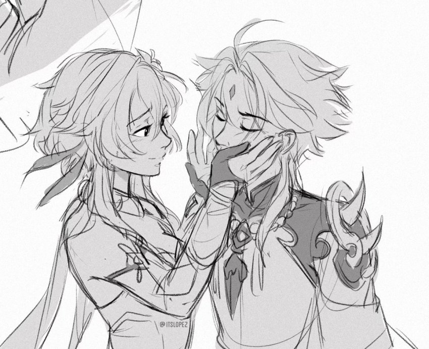 1boy, 1girl, closed_mouth, detached_sleeves, closed_eyes, fingerless_gloves, genshin_impact, gloves