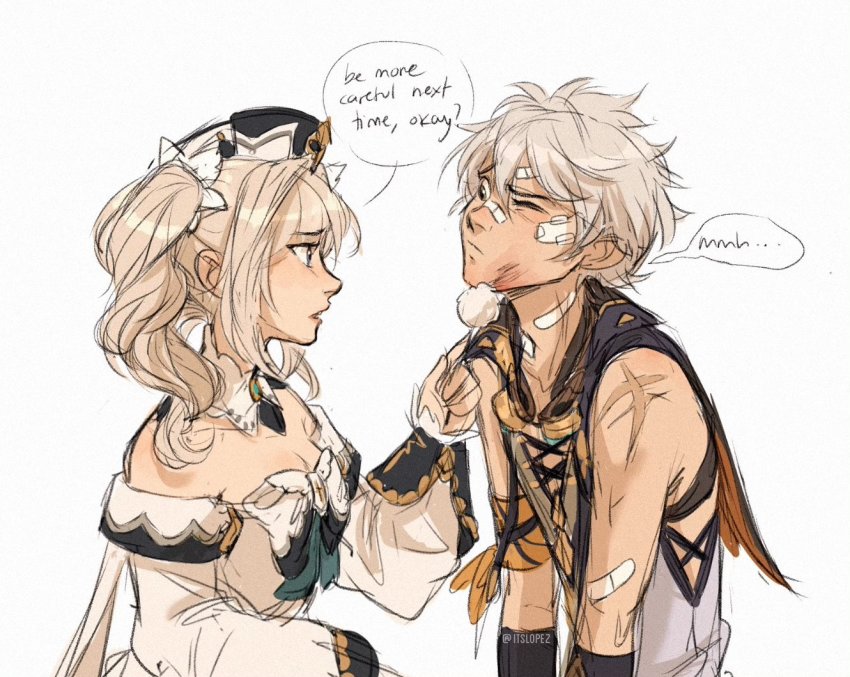 1boy, 1girl, bandages, bandaid, barbara_(genshin_impact), bare_shoulders, bennett_(genshin_impact), blonde_hair, blue_eyes, bruise, bruise_on_face, closed_mouth, collarbone, detached_sleeves, dress, english_text, engrish_text, eyebrows, genshin_impact, green_eyes, hair_between_eyes, hat, injury, laia, long_hair, looking_at_another, one_eye_closed, open_mouth, pale_skin, profile, ranguage, scar, scar_on_arm, short_hair, simple_background, speech_bubble, strapless, strapless_dress, twintails, vest, white_background, white_dress, white_hair